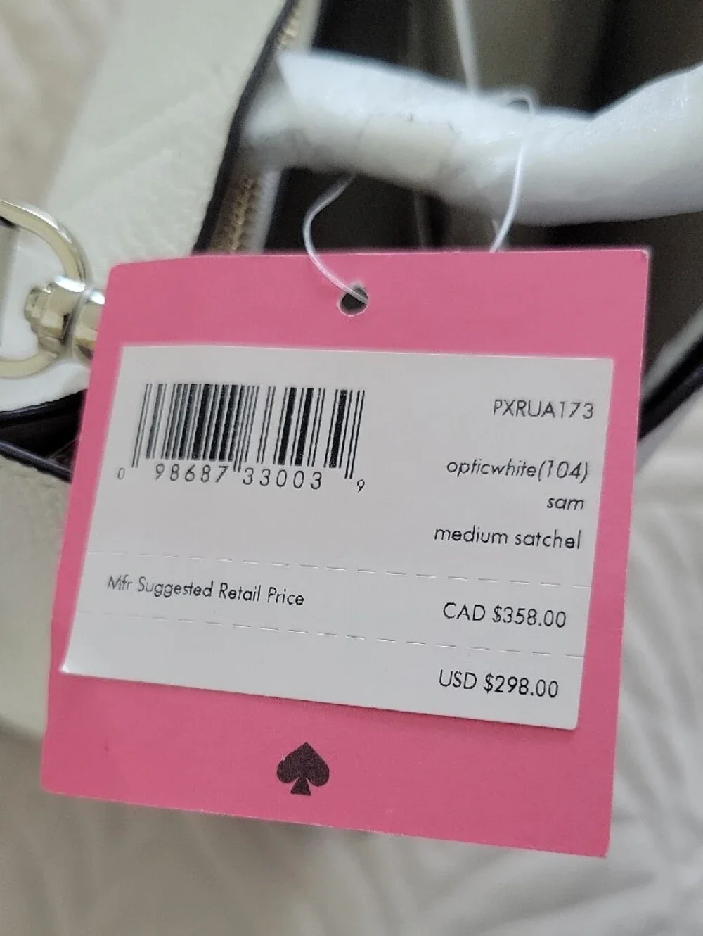kate spade White Pebbled Leather Satchel with Pink Logo Plaque